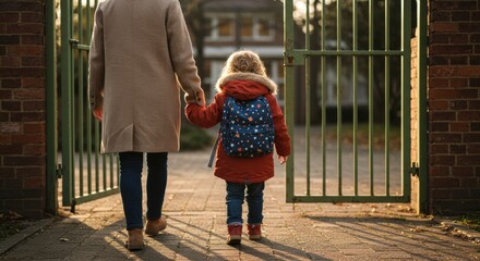 Adult and child hold hands walking through an open iron gate toward a schoolyard at golden hour; child wears a colorful backpack and hooded coat, shadows stretching on the paved path. and warm solace