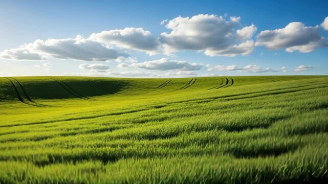 Vast vibrant green fields undulate under bright blue sky filled with fluffy white clouds Parallel dark tracks curve across the lush sunlit crops suggesting cultivation in this serene natural view