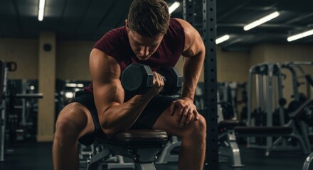 A focused muscular man performs a seated dumbbell curl on a gym bench, veins and sweat visible, under moody overhead lighting with weight racks and machines blurred in the dim background. Focused grit