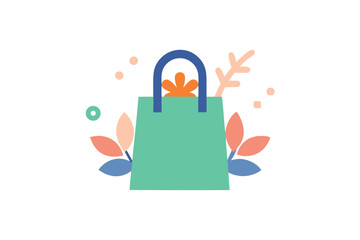 Fototapeta premium Whimsical Shopping Bag Surrounded by Floral Elements, A Minimalist Illustration