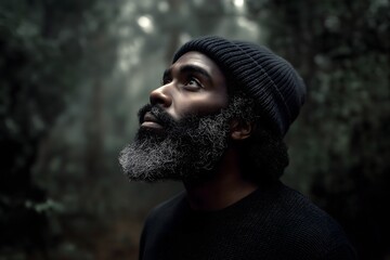 Dark-skinned man with white beard and black beanie looking up in the forest