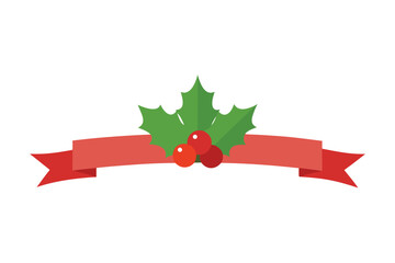Festive Christmas Holly Berries and Red Ribbon Banner Design Element Decoration