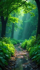 Obraz premium Serene Landscape Transformed Lush Green Foliage Glistening Under Gentle Rain, Peaceful Atmosphere, Vibrant Colors