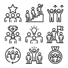 Fototapeta premium Simple Black Line Art Icons Depicting Teamwork and Success.