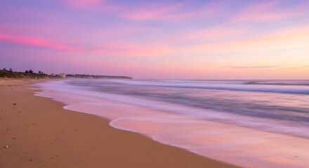 Long exposure shot of a serene beach at sunset with vibrant pink and purple sky reflecting on the gentle ocean waves and wet sand.