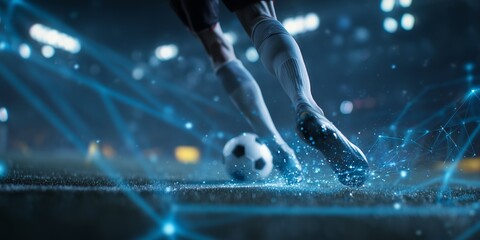 Close up action shot of a soccer player kicking a ball with digital network effects, concept for sports technology, athletic performance analysis and game strategy visualization
