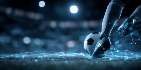Close up of soccer player kicking ball on field with futuristic digital line effect and stadium background. Concept for sports technology, virtual reality sports, and future football games