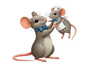 Parent mouse dressed in a blue bowtie holds a baby mouse wearing a chef's hat and apron.