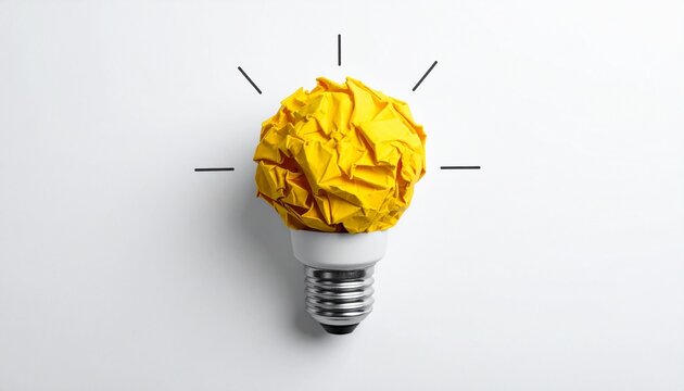 Light bulb made of yellow scrap paper ball, creative thinking concept