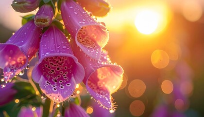 Fototapeta premium A close-up of glistening dew drops on a foxglove flower under soft morning light