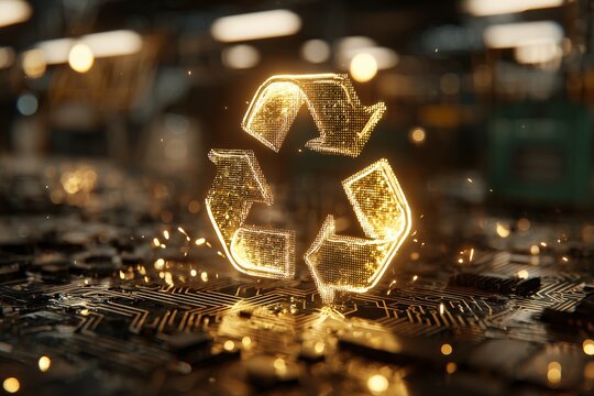 Glowing recycle symbol on a circuit board, concept for electronic waste recycling, sustainable technology, and resource management - Powered by Adobe