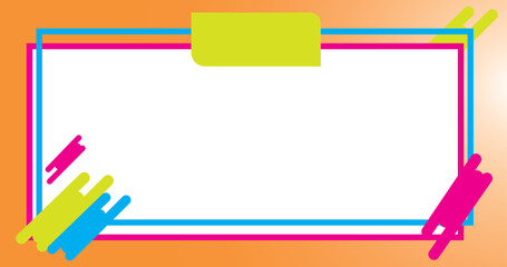 Frame: A central white rectangle for content.
Border: A double-line border in pink and blue.
Shapes: Various geometric shapes and lines in yellow, blue, and pink are placed in the corners and at the t