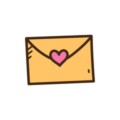 Brown Hand Drawn Envelope with Pink Heart on White Background