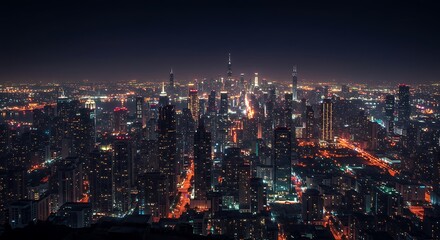 Obraz premium Night cityscape with illuminated skyscrapers and roads, creating a vibrant urban scene under a dark sky.