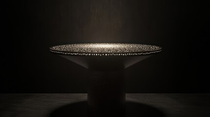 Abstract art metal table display, dark background, spotlight