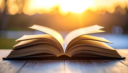 Open Book with Golden Pages on Dark Wood Table Under Golden Hour Light with Defocused Background