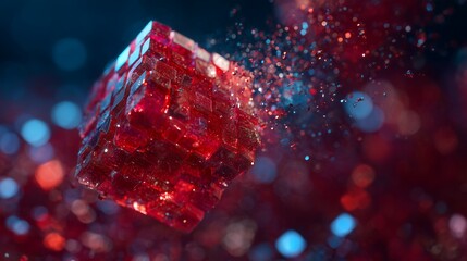 Abstract image of a translucent red cube disintegrating with bright bokeh background. Concept for data breach visualization, scientific research and advanced technology solutions