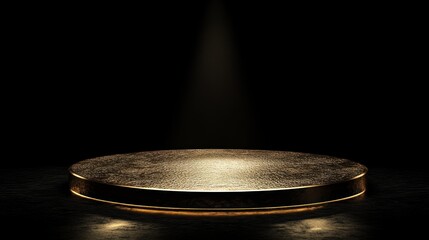 Gold circular podium illuminated, product display, dark background