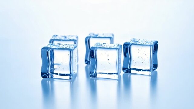 Abstract studio shot of large, clear icecubes arranged geometrically on a reflective surface with a cool blue background gradient.