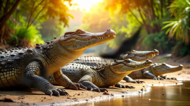 Wild Crocodiles Basking on the Shore of a Jungle River.