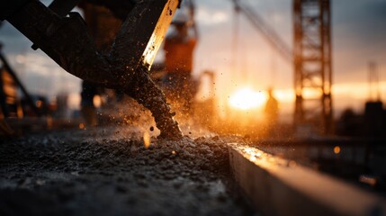 Worker Pouring Concrete into Structured Formwork at Sunset