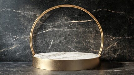 Marble podium, golden frame, dark background, product display, 3D rendering