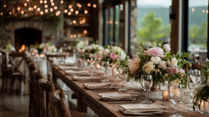 Elegantly set long wooden table adorned with floral arrangements and glassware, in a rustic setting. Concept for wedding reception, event planning and sophisticated dining