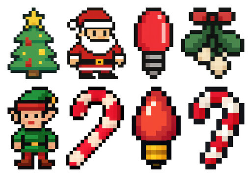 PNG Pixelated festive holiday icons, element set on transparent background