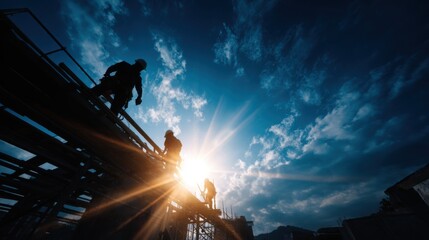 Workers Repairing Roof with Safety Helmets Under Dramatic Sky