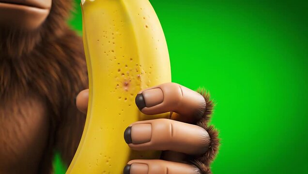 Animated monkey enjoying a delicious banana on vibrant green backdrop with playful charm, perfect for kids content and humorous promotions
