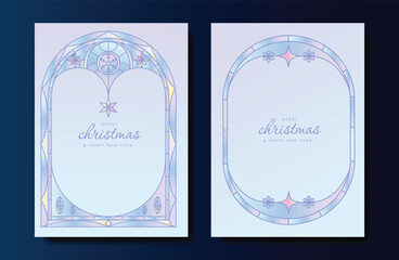Christmas and Happy Holidays card vector set. Glasswork decorative, gothic stained glass and christmas ornament on blue background. Design illustration for poster, cover, product, ads.