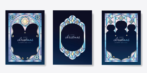 Christmas and Happy Holidays card vector set. Glasswork decorative, gothic stained glass and christmas ornament on navy blue background. Design illustration for poster, cover, product, ads.