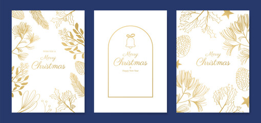 Christmas and Happy Holidays card vector set. Luxury gold holly leaf, pine cone, pine leaves, bell on white background. Design illustration for poster, cover, product, ads.