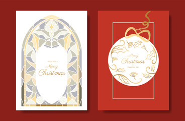 Christmas and Happy Holidays card vector set. Glasswork decorative, gothic stained glass and christmas ornament on white and red background. Design illustration for poster, cover, product, ads.