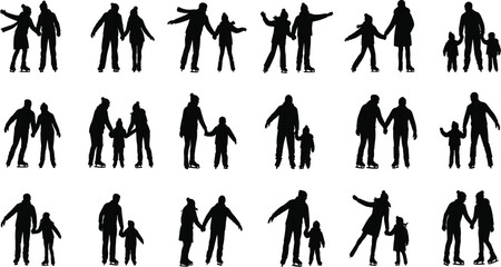 Winter ice skating silhouettes, couples and families, parents with kids, outdoor winter activity, seasonal fun, recreation, skating together, flat vector