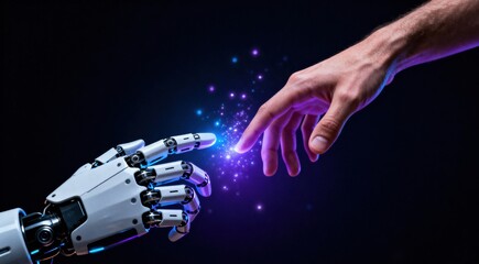 Human Hand Touching Robot Hand. Concept of Artificial Intelligence (AI) and Digital Connection between Humanity and Technology.