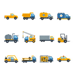 Collection of Cartoon Transportation Vehicles - Trucks, Crane, Forklift, and More.