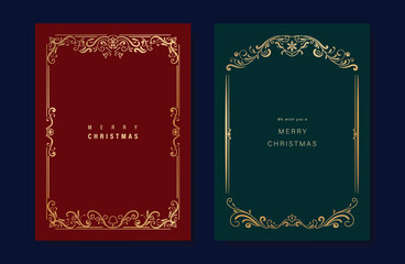 Christmas and Happy Holidays card vector set. Luxury gold victorian frame, leaves branch, snowflake on green and red background. Design illustration for poster, cover, invitation, ads.