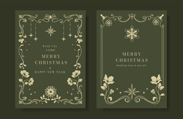 Christmas and Happy Holidays card vector set. Luxury gold victorian frame, leaves branch, flower, sparkle, star, corner on green background. Design illustration for poster, cover, invitation, ads.