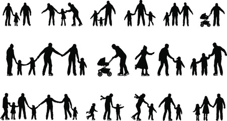 Winter family ice skating silhouettes, parents with children, outdoor fun, winter sport, holiday recreation, family bonding, skating together, flat vector