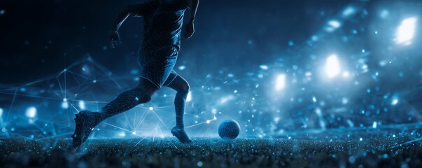 Digitally enhanced soccer player running with ball in illuminated stadium, geometric network overlays his form, concept for sports marketing, virtual reality game and futuristic advertising
