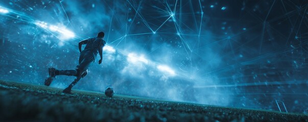 A soccer player kicking a ball on a field with abstract network connections and stadium lights, concept for sports advertising, digital gameplay visualization and athletic performance analysis