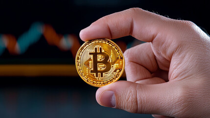 Hand delicately presents shiny Bitcoin, full of promise in digital age and conveys optimism about cryptocurrency future prospects