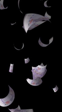 Money rain 100 ringgit malaysia banknotes money falling down. malaysia currency. 3D render. Animation. paper money bills falling. Business and finance portrait background