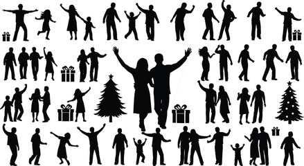Holiday celebration silhouettes, people dancing, family party, Christmas joy, festive gathering, dancing crowd, celebration poses, tree and gifts, fun moments, flat vector