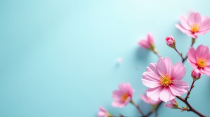 Obraz premium Delicate Pink Blossoms on a Light Blue Background A Springtime Floral Image Featuring Soft Petals and Gentle Branches
