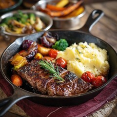 Delicious steak dinner with vegetables and mash.