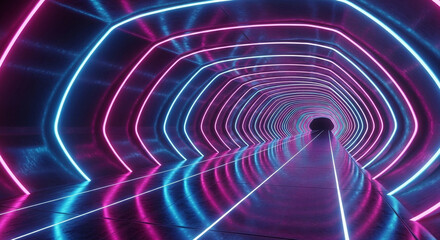 Embark on a captivating journey through a neonlit tunnel, where vibrant pink and blue lights dance along the hexagonal walls, creating a futuristic and immersive experience