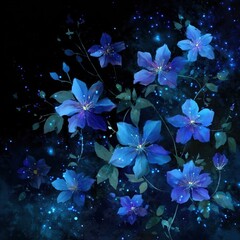Beautiful blue flowers sparkling in the night.