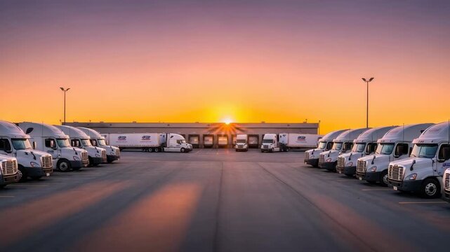 logistics center at sunrise shows rows of white semi-trucks symmetrically arranged in vast yard with several backing into loading docks illuminated by the low suns warm glow